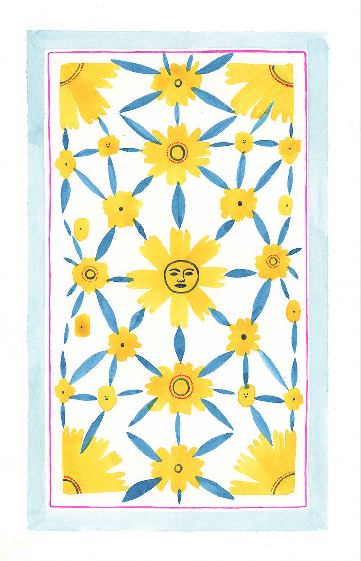 Painting of several yellow flowers all connecting with their leaves and a face on one of the flowers.