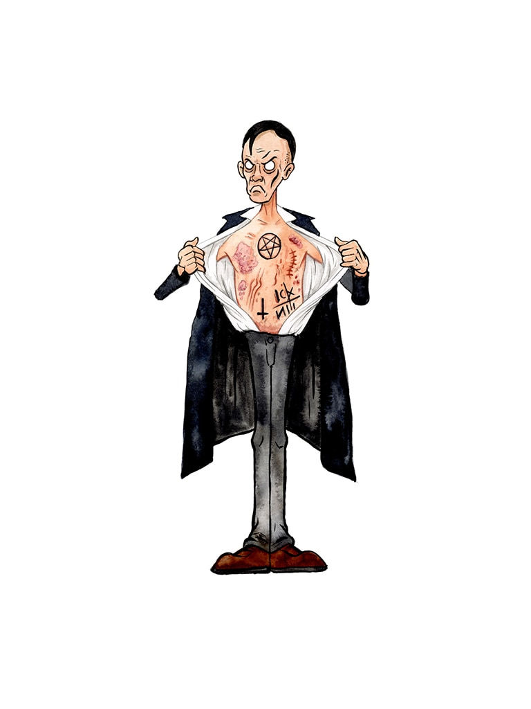 Painting by Alex Pardee of a man with holding his button up shirt open to reveal tattoos and scars on his chest