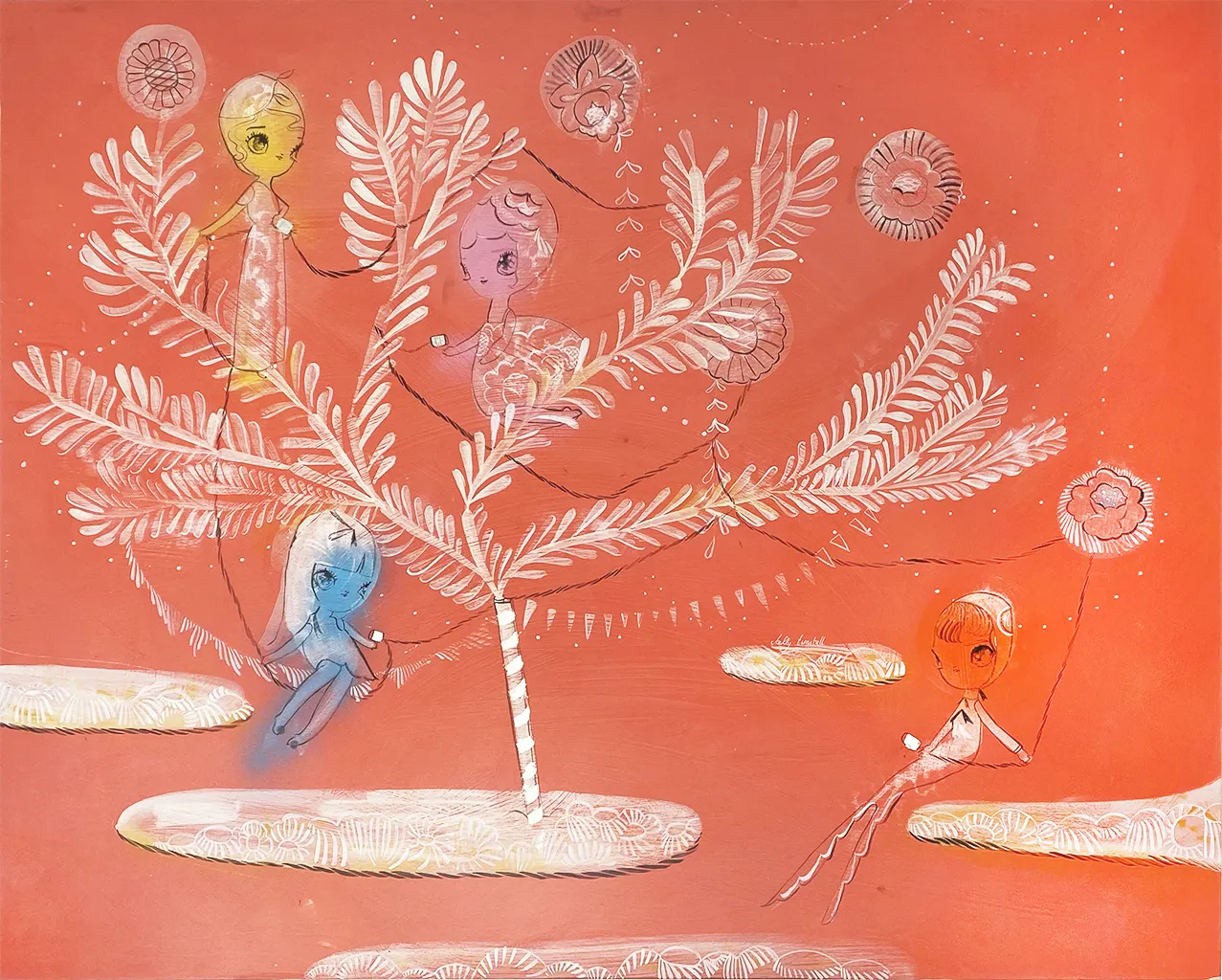 Painting of nymphs in a tree by Kelly Tunstall