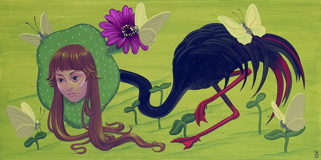 Painting of an ostrich body with a woman's head coming out of a cactus