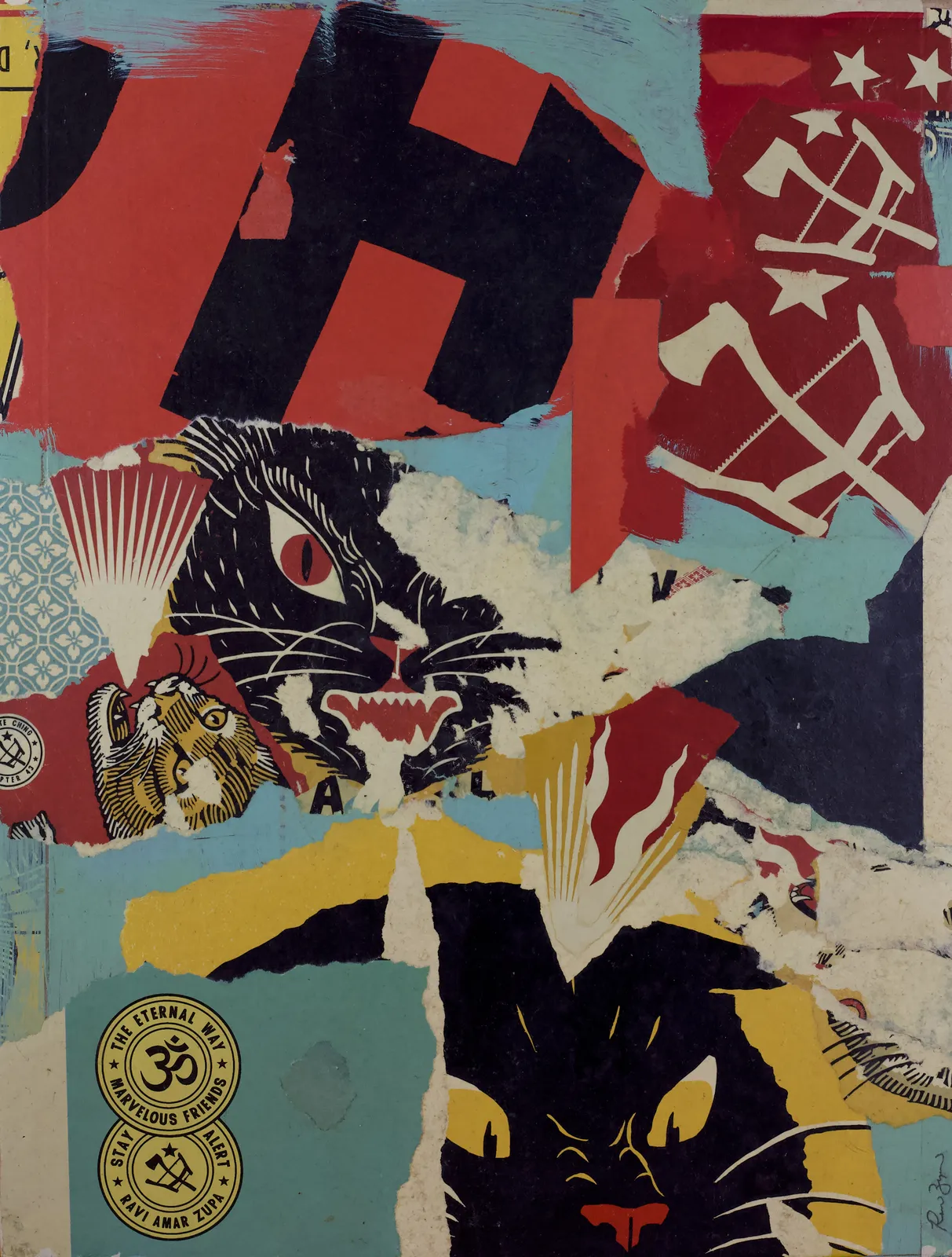 collage of torn up screen prints of religious and historical symbols