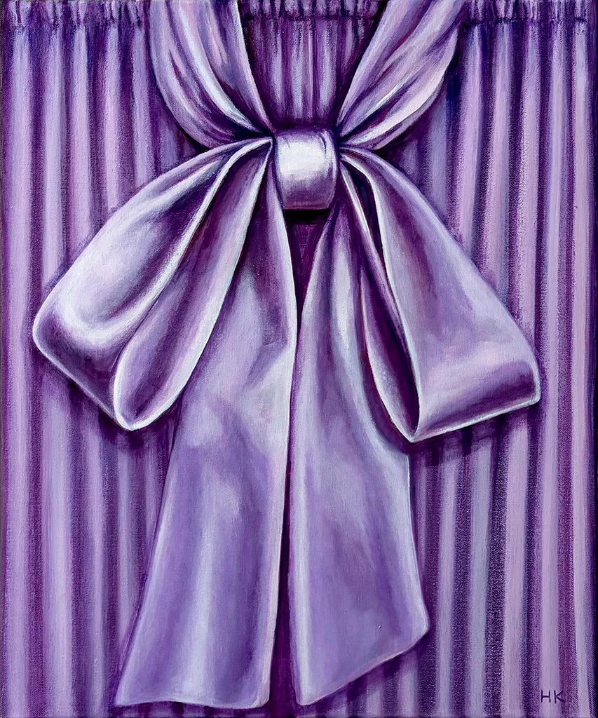 Detailed painting of a closeup of a purple blouse with a bow