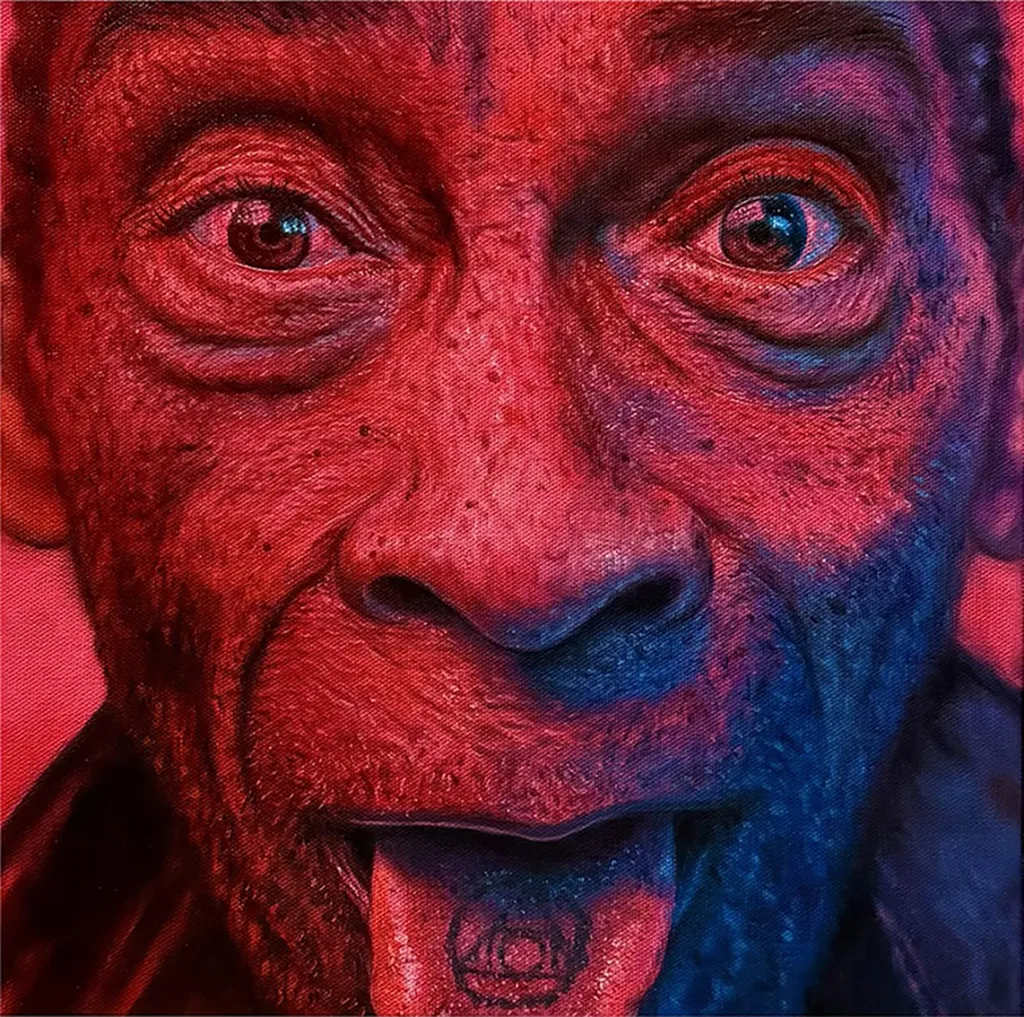 Painted portrait of a man with his eyes wide open sticking his tongue our