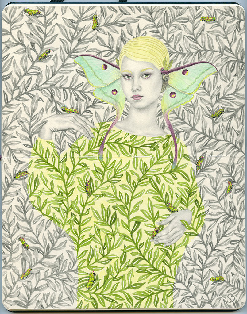 Painting of a woman with butterfly wings around her face in a dress with a leaf pattern that blends into the background