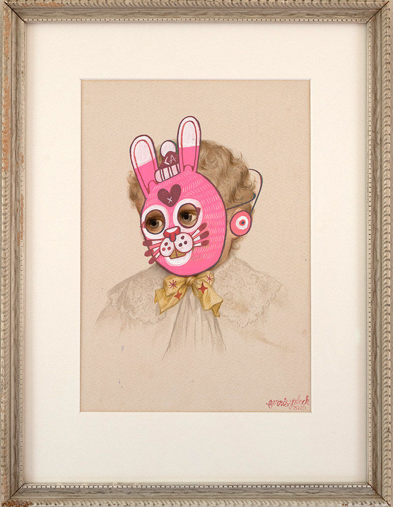 A painting by ferris Plock of a portrait of a boy with an pink cat-like mask painted on top of his face. There is a major use of bright vivid patterns and colors.