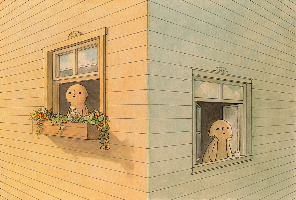 drawing of two figures looking out windows