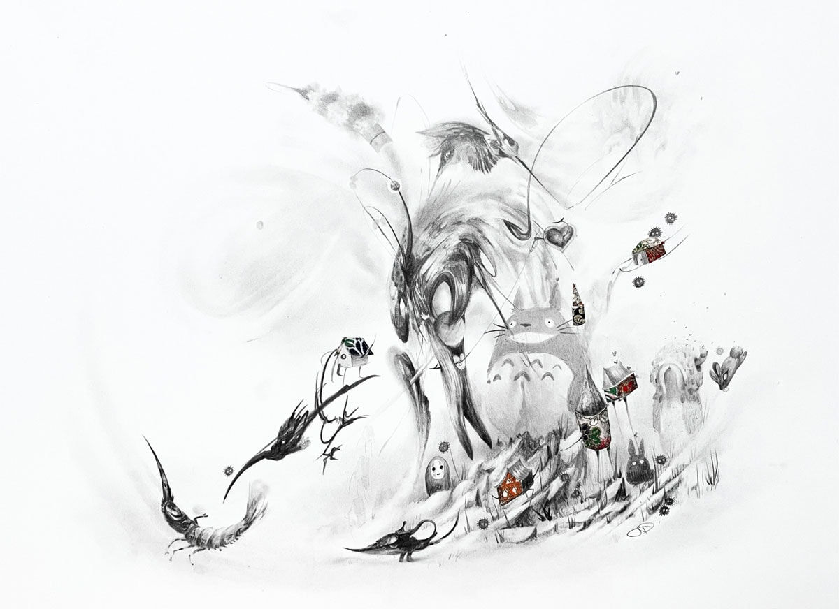 drawing of creatures from the totoro universe