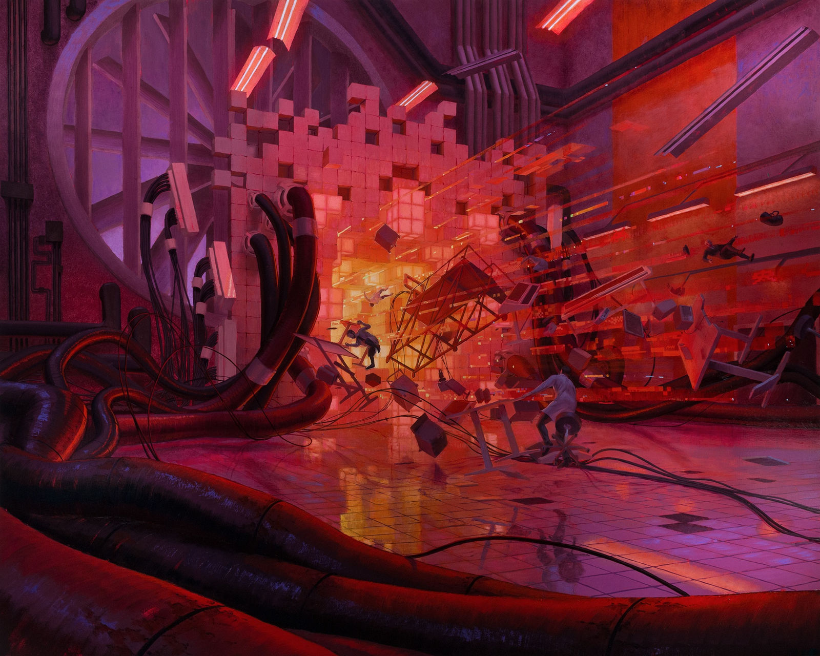 painting of an explosion inside of a laboratory