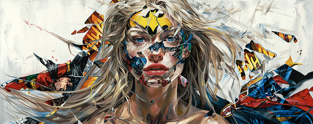 painting of a blond woman with tears in the image revealing comic book images over a light background