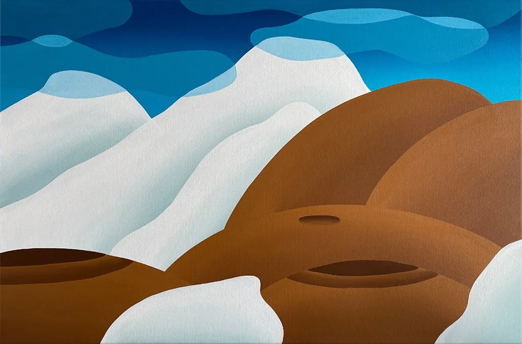 Bianca Nemelc painting of abstracted female figure with glaciers and clouds