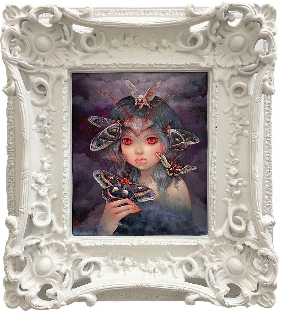 Painting of a female figure with red eyes in a cloud of purple smoke surrounded by purple and red moths in white frame