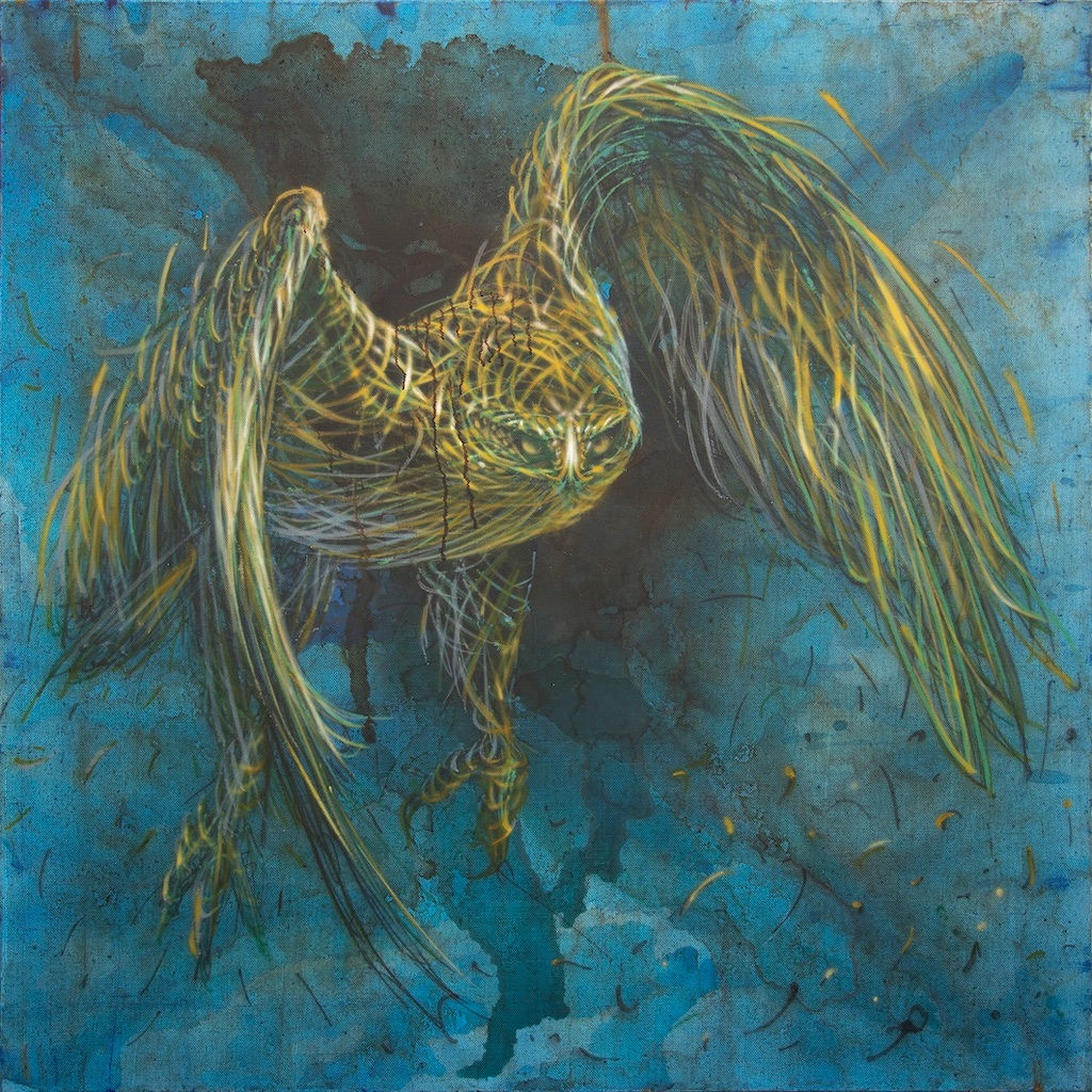 an owl flying over a blue background