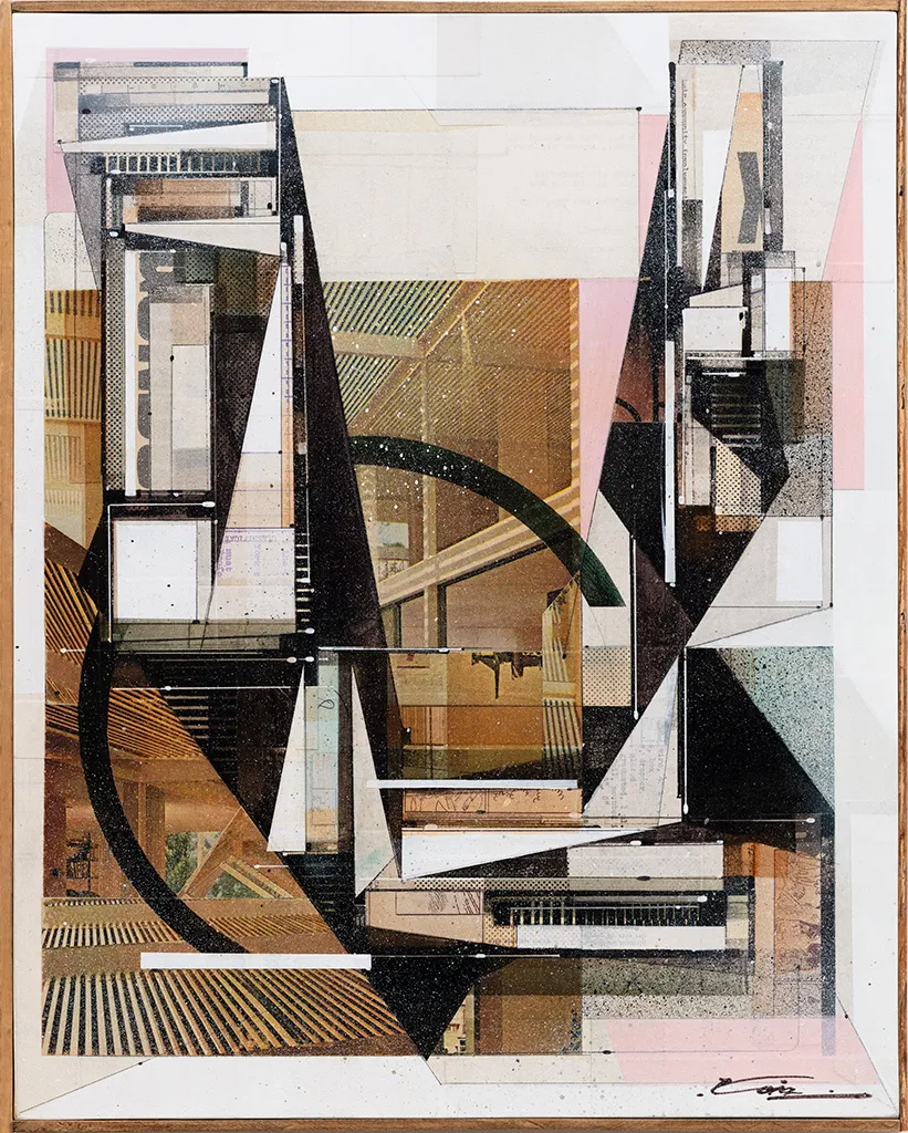 Multimedia work featuring geometric shapes in the colors black, white, brown, pink and green