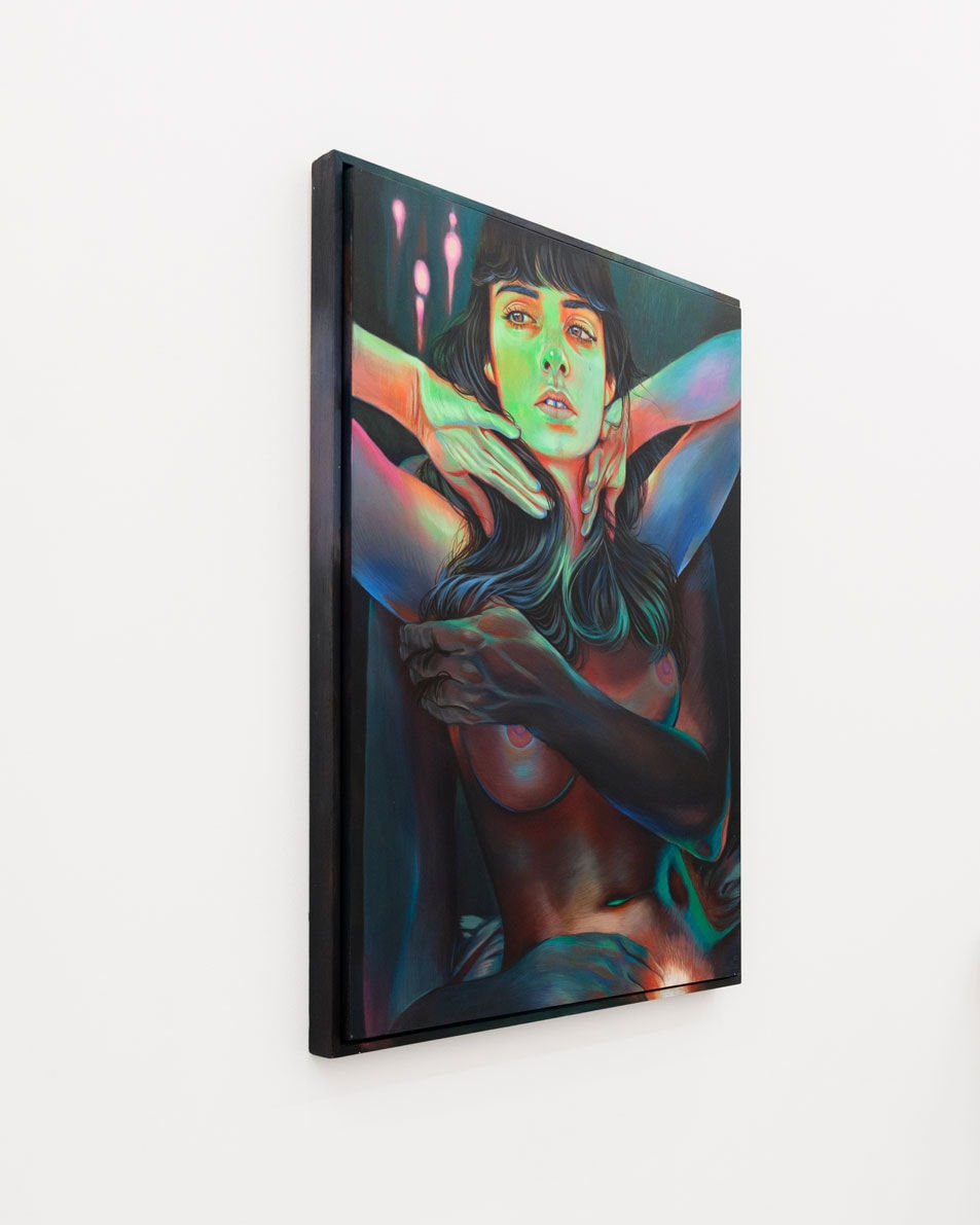 Painting of a woman with black straight hair holding her hands towards her face and another arm covers her exposed breasts