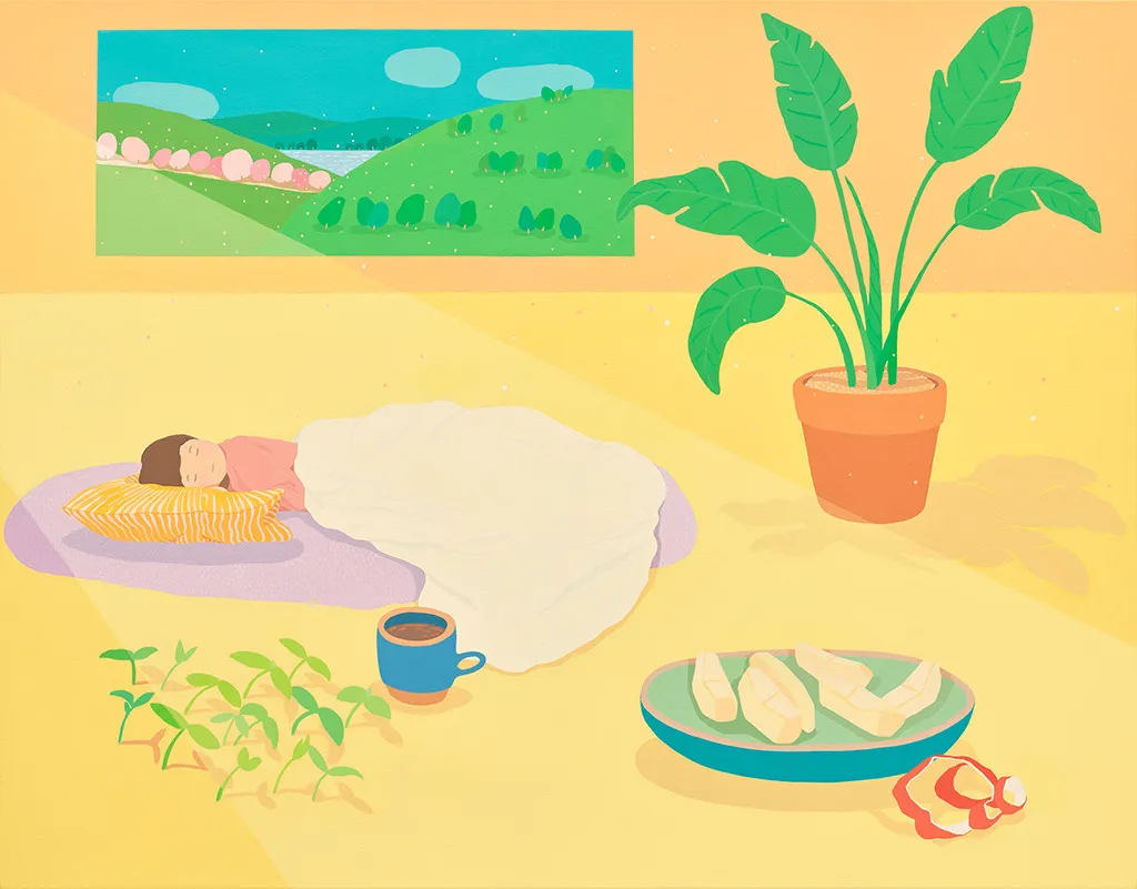 Danym Kwon - Painting of a yellow interior space with a beam of light shines in. From back to front, a window with scenery, a potted plant, a girl sleeping sideways, a mug with coffee, sprouts growing from the floor, a plate of sliced apple and its peel on the side.