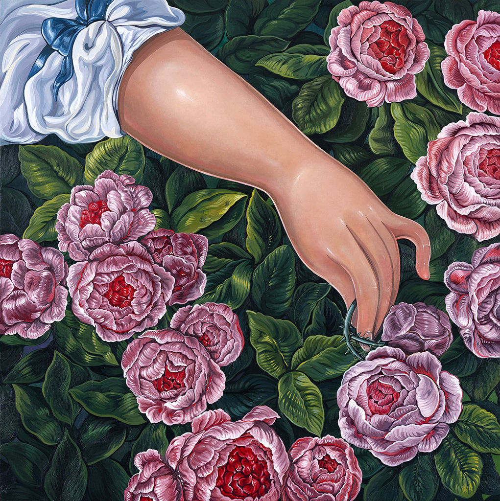 Painting depicting a woman's hand reaching into a shrub with multiple pink and white flowers by Sabrina Bockler