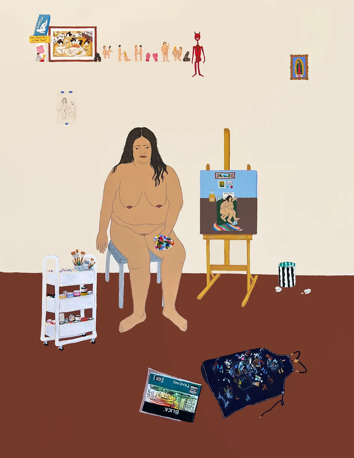 painting of a large nude woman in a beige room, seated in front of an easel with a painting in progress. The room is relatively bare besides a shelf with many erotic objects and tchotchkes, and miscellaneous art supplies by Gina M. Contreras