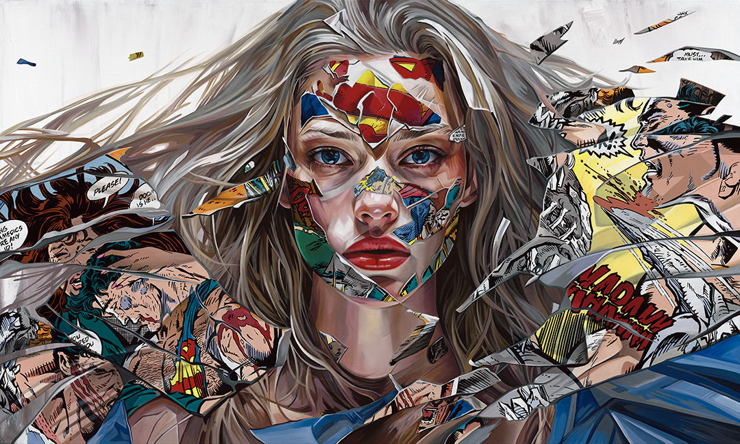 portrait of a blond woman with comic book imagery covering her face and surroundings