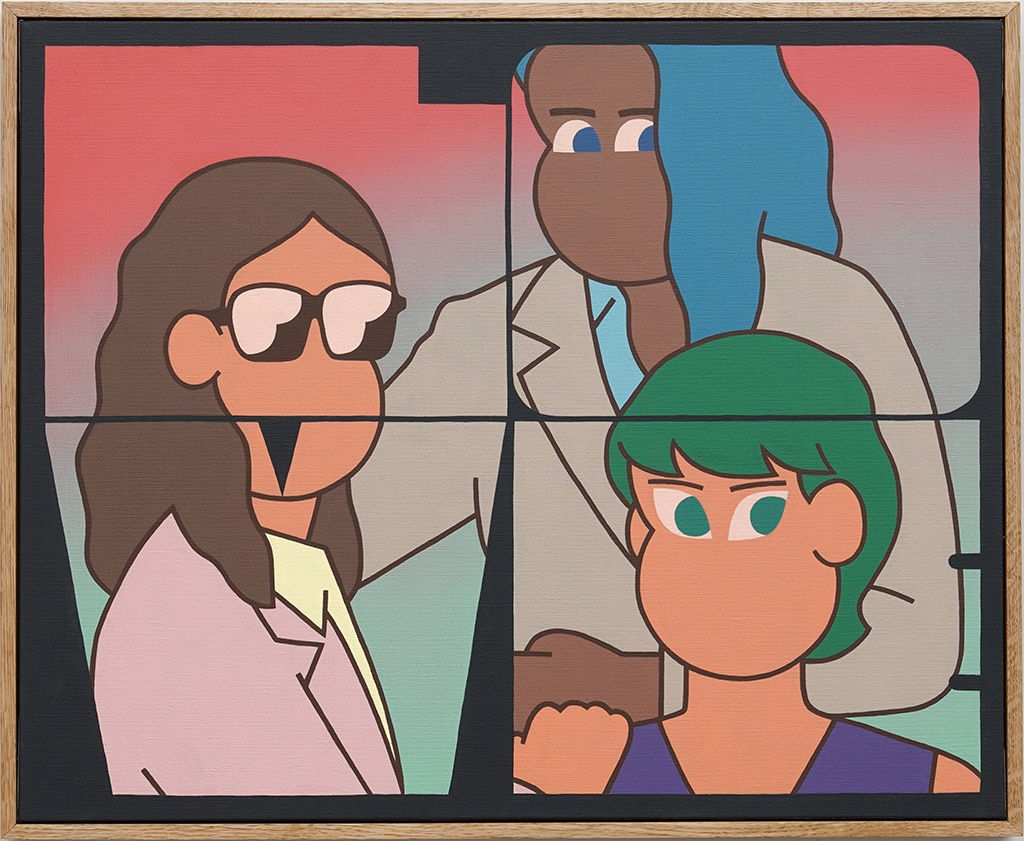 Painting of three figures looking in different directions, one has long brown hair, sunglasses and a pink shirt, another figure has light blue hair, and a tan overcoat, the last figure has dark green hair and a purple tank top.