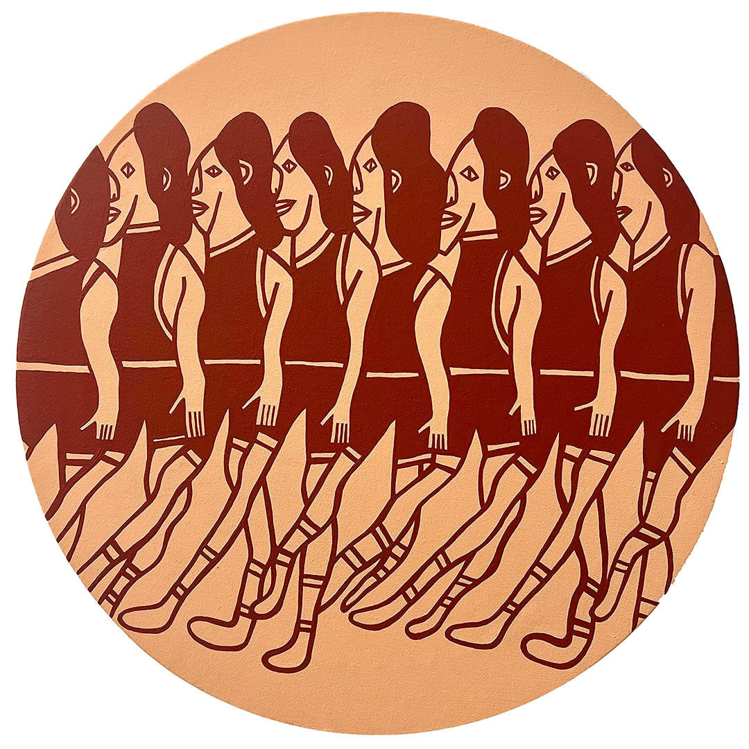 Circular painting of eight cartoon like figures standing in line