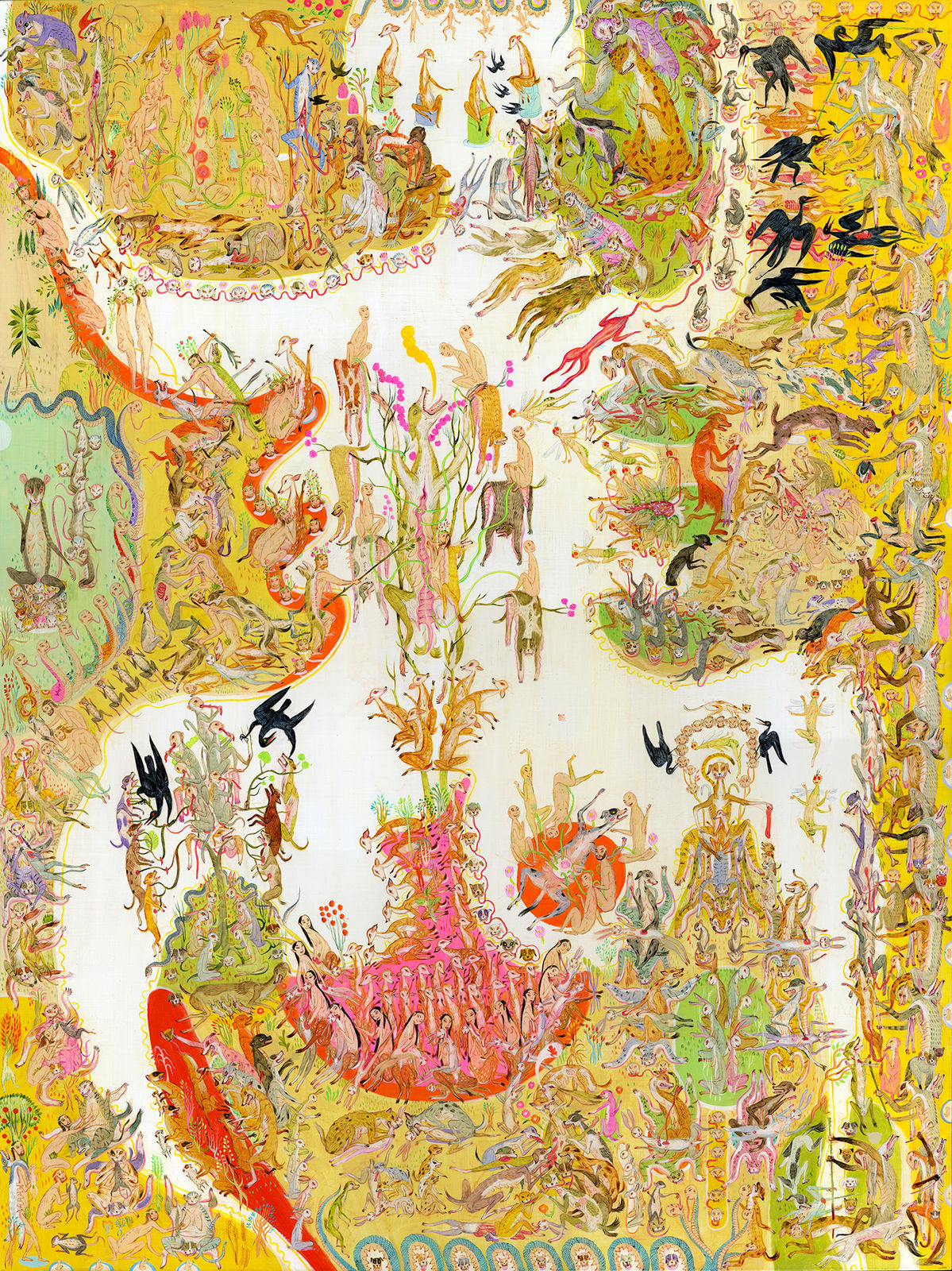 Mu Pan painting of animals and human hybrid creatures eating, fighting, sleeping, etc
