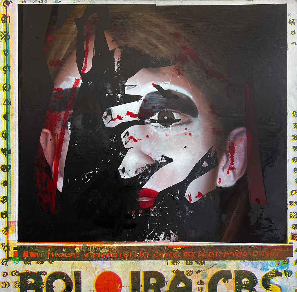 artwork depicting a face with ink splattered across it set against a dark background by Brett Amory