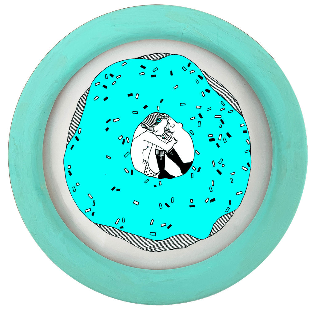 Circular painting in a bright blue frame of a girl crouched in the middle of a blue donut in blue frame