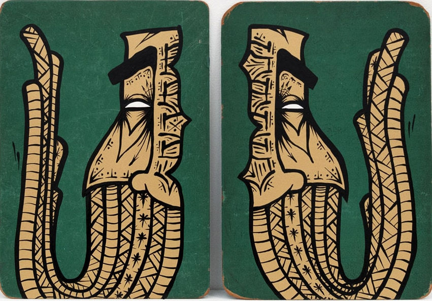 Diptych painting by GATS of one of their characters split in half between the two panels in light yellow on a dark green background
