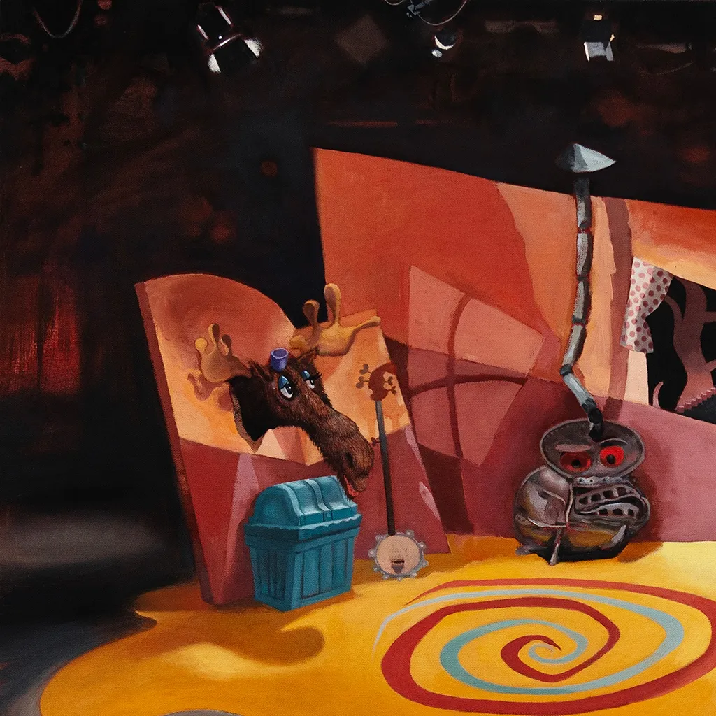 Painting of a set with a yellow flour and a red and blue swirl in the middle, there is a moose head hanging above a blue chest and a wood burning stove in the back