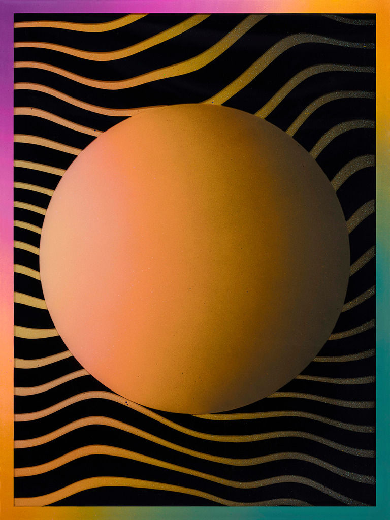 Rachel Strum - paint and resin piece, gradient circle in orange and black, abstract black shapes as background, and a gradient frame of purple, orange, and green.