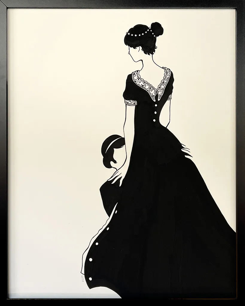 Black silhouette of a woman wearing a dress and a figure kneeling in front of her