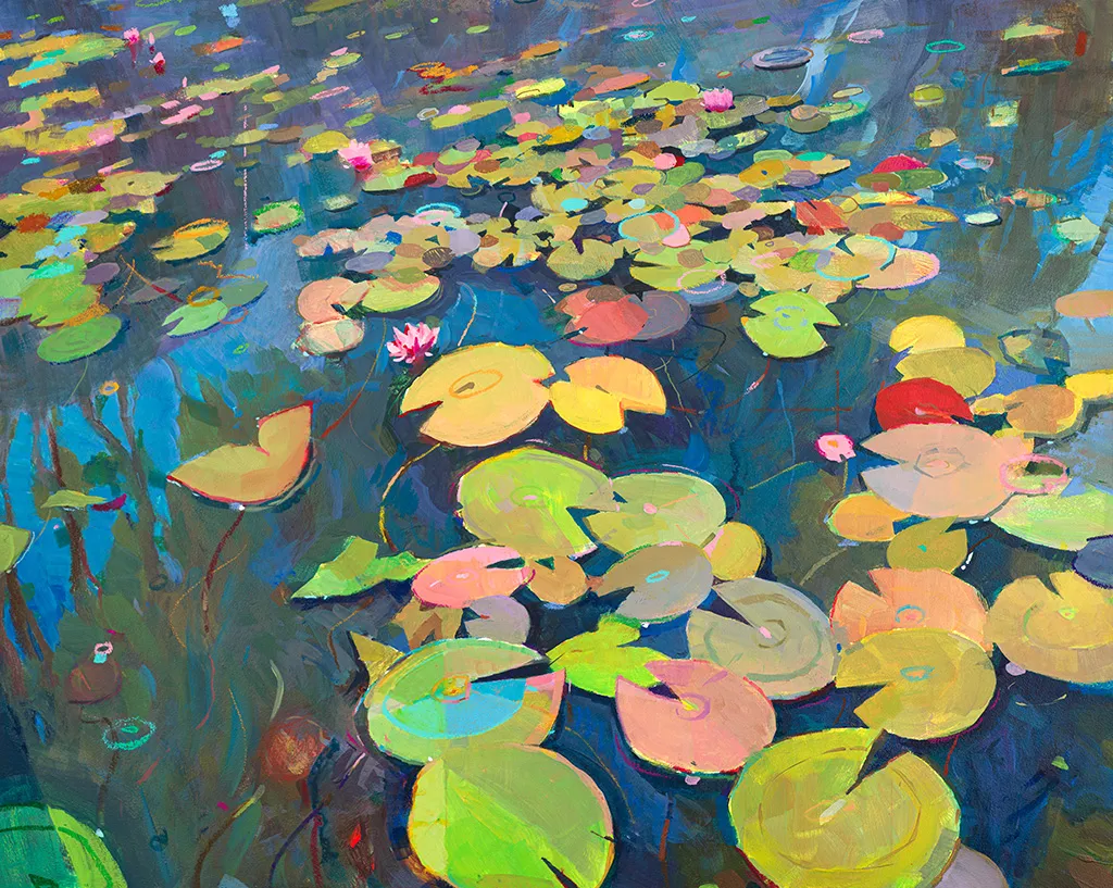 Painting of colorful lily pads in a pond