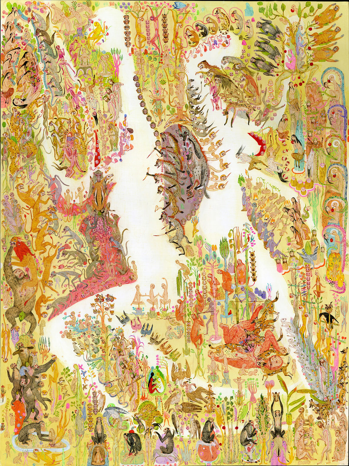 Mu Pan painting of animals and human hybrid creatures eating, fighting, sleeping, etc