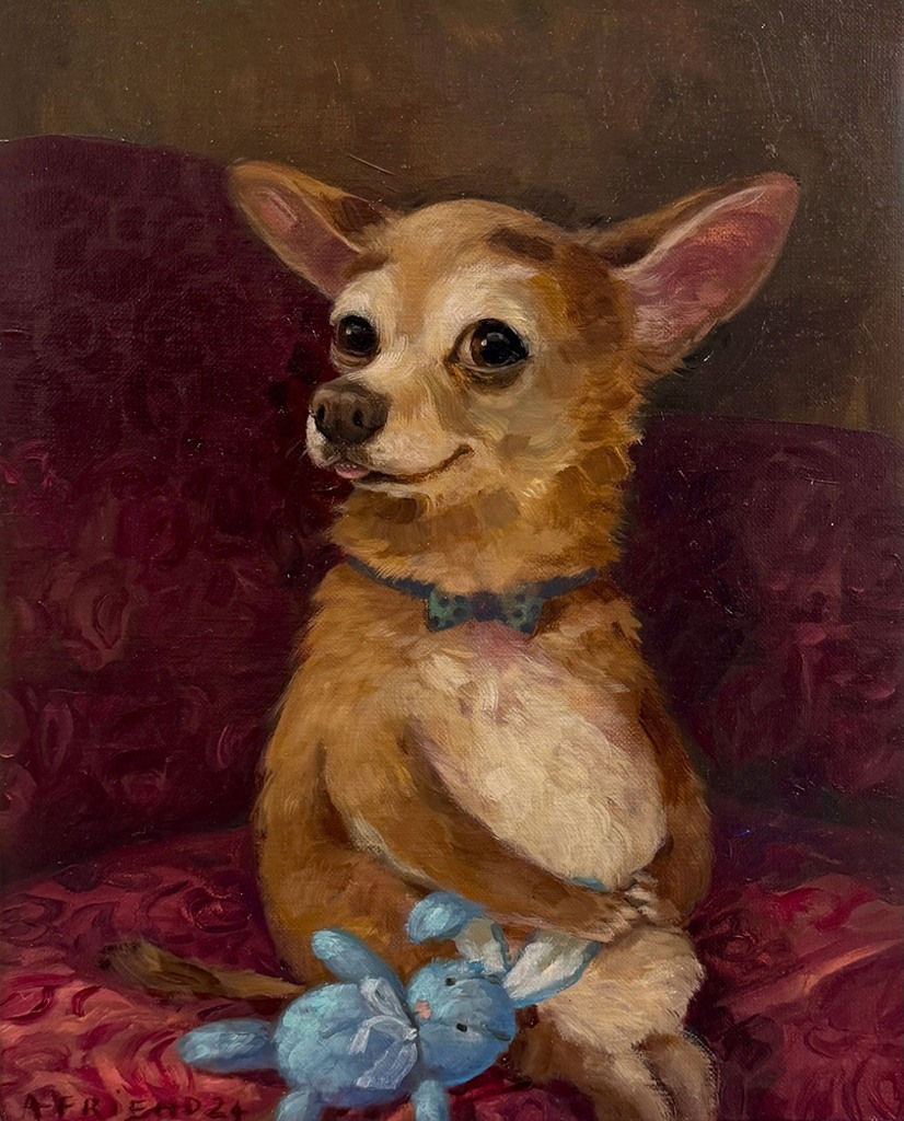 Painting of a light brown chihuahua holding a blue stuffed bunny toy in his hand sitting on a red couch.