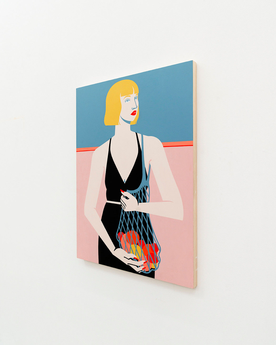 Painting of woman in black dress and a bag of citrus fruit by Jillian Evelyn