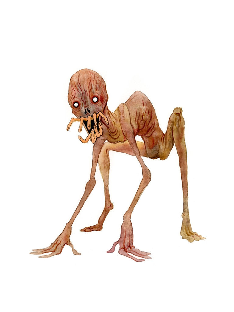 Painting by Alex Pardee of a creature on its hands and feet