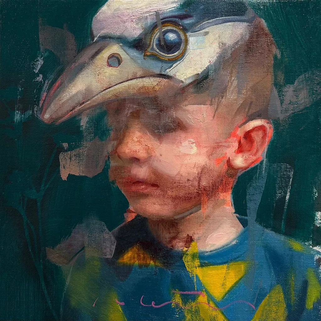 Painting of a little boy with a bird head mask on his head