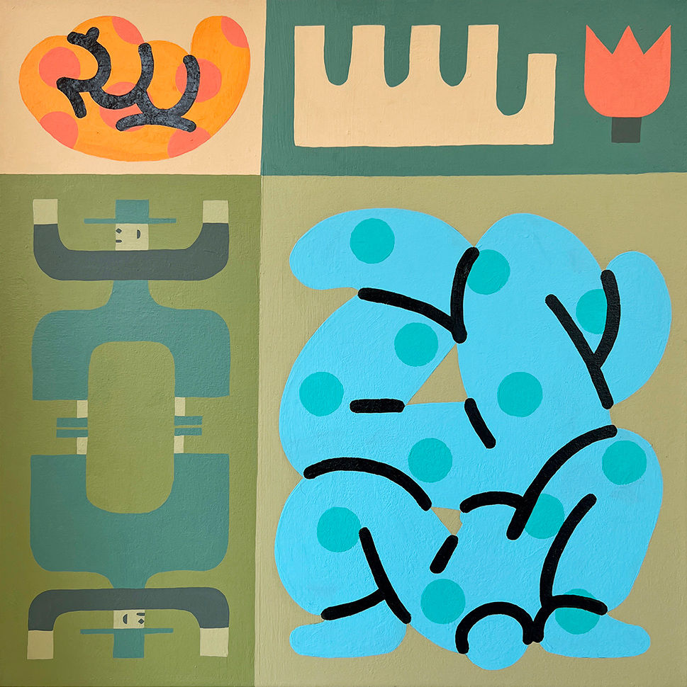Painting with four blocks. In one block are two identical men with green brim hat and pants, in another is an abstract flower, in another is an abstract blue figure standing on its head with green polka dots.