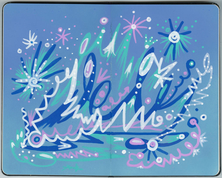 Abstract painting in blue, green, white and purple featuring stars, dots and curved lines