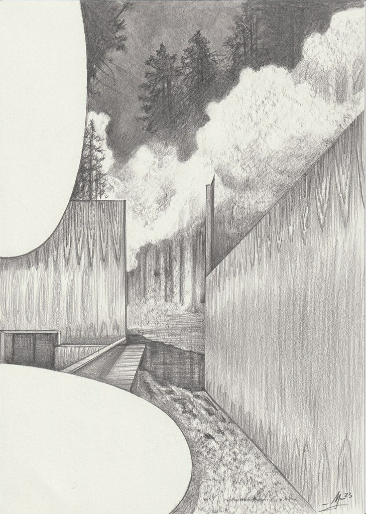 Drawing of a building with high walls surrounded by a forest with large clouds.