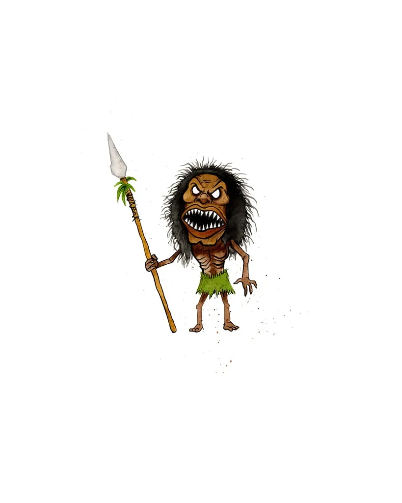 Painting by Alex Pardee of an indigenous character from Trilogy of Terror holding a spear and wearing a green grass skirt