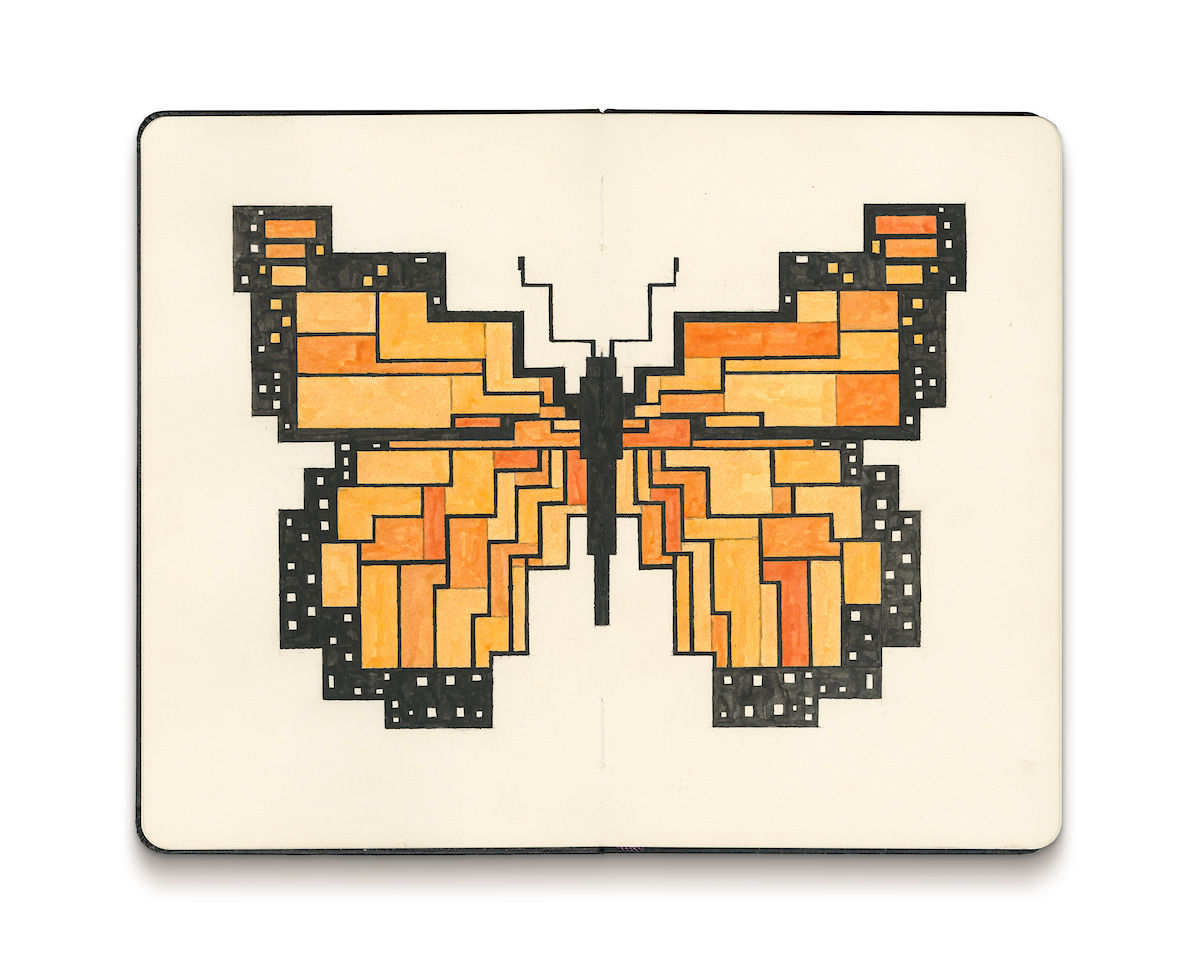 Painting of a a orange and black butterfly using geometric shapes