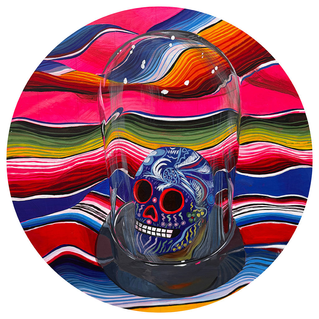 Circular painting of a painted skull in a glass jar on a colorful blanket