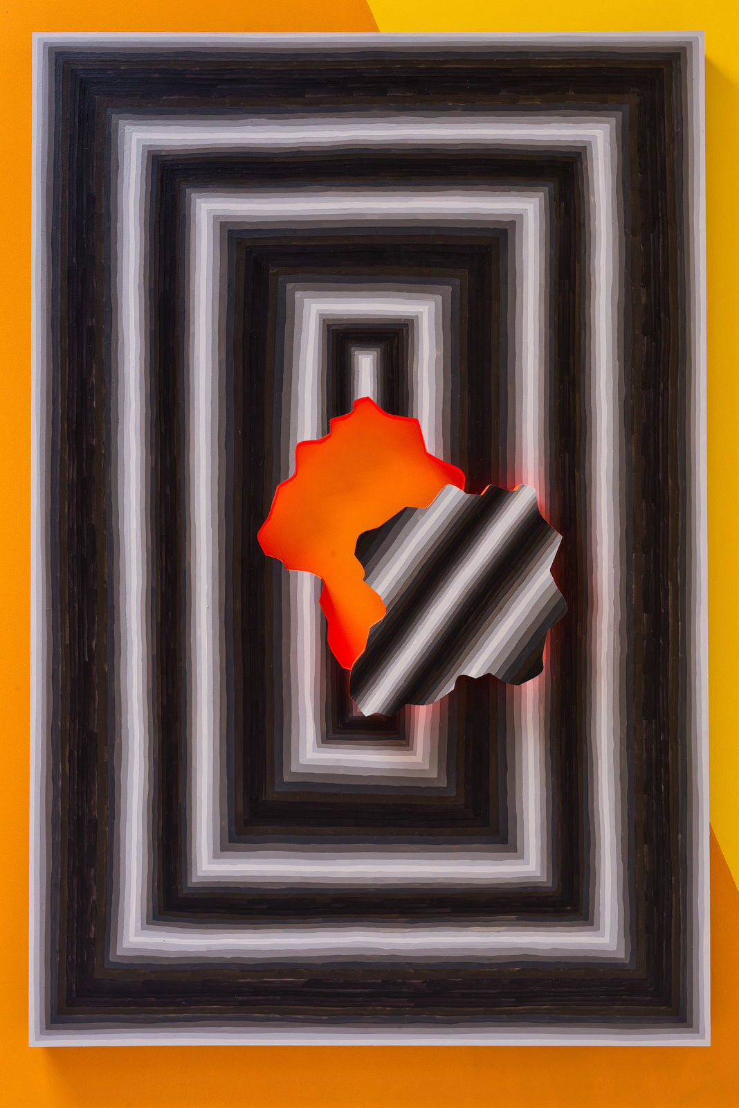 Andrew Schoultz - geometric black and white painting with neon organic shaped hole in center