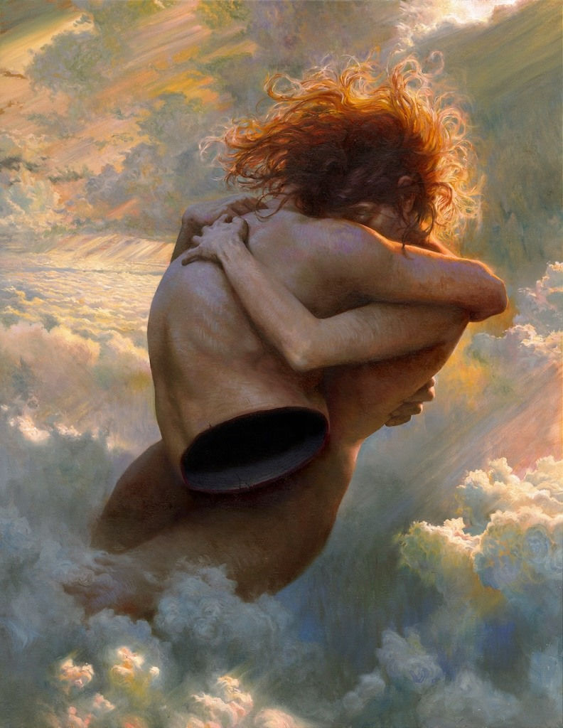 Painting of nude woman floating in sky embracing a nude torso