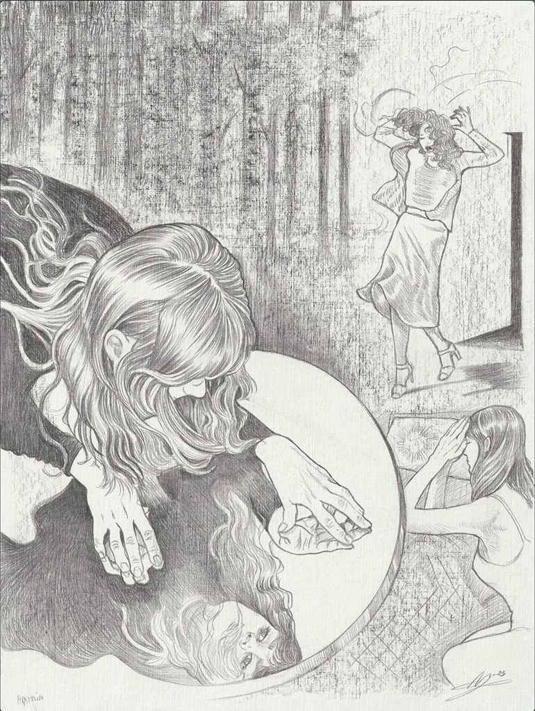 Drawing of a woman looking into a mirror on the ground. In the background are two other women in the woods