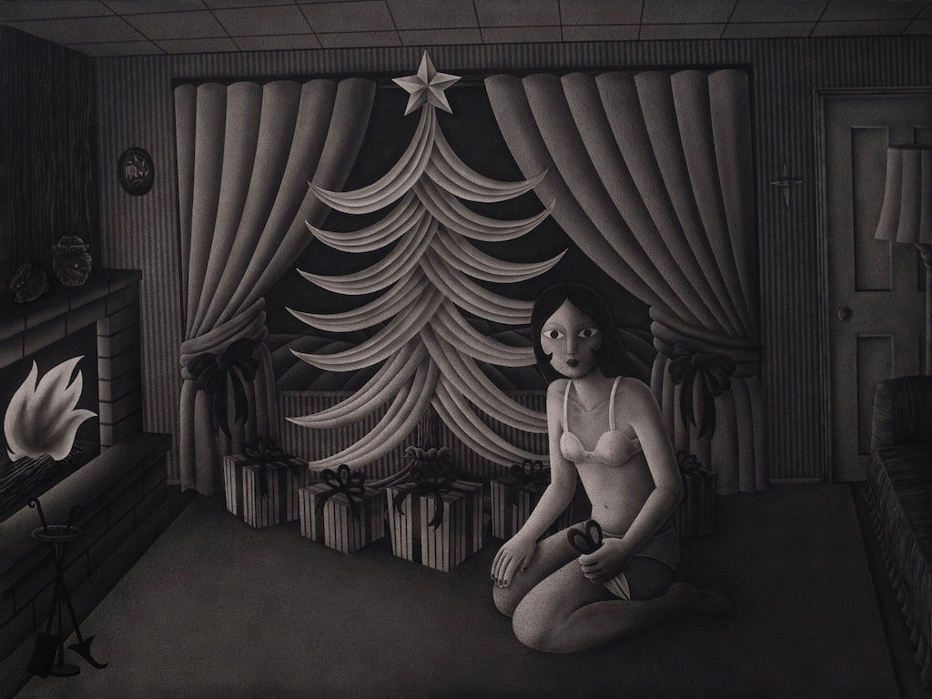 black and white painting of a woman seated clutching scissors in front of a Christmas tree