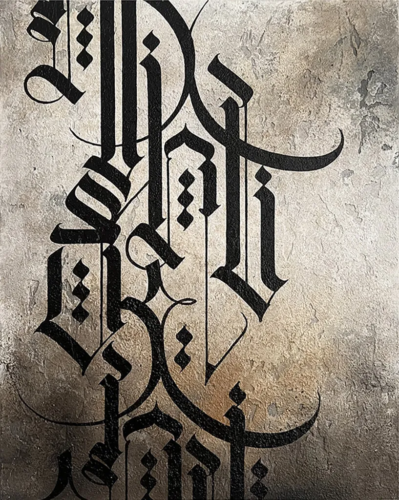 Painting of black calligraphy on a textured gray background