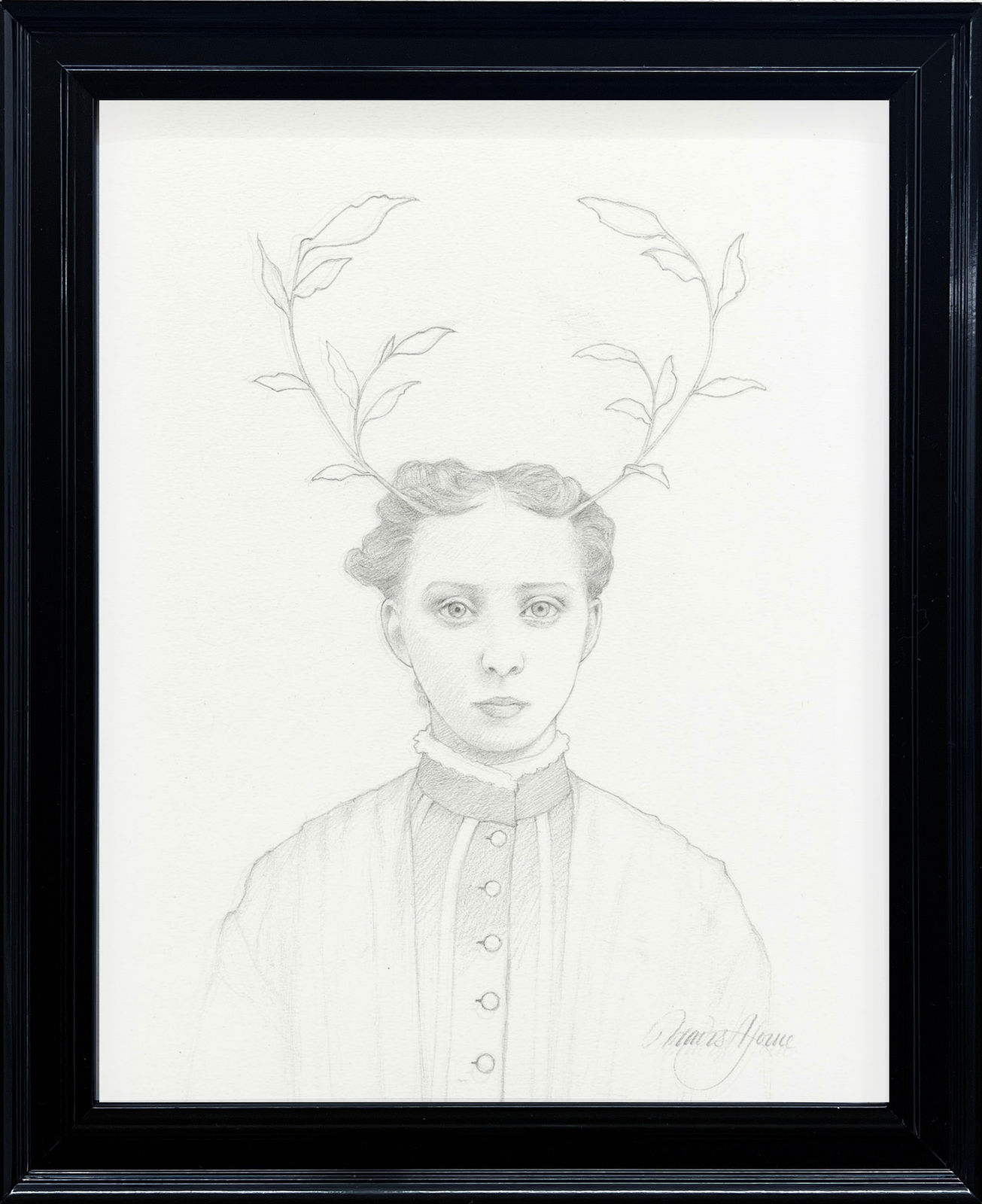 drawing of a woman with leaf antlers by Travis Louie