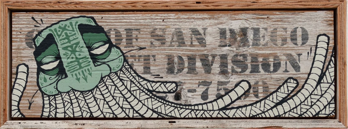 GATS character painted on a white wooden sign with black lettering